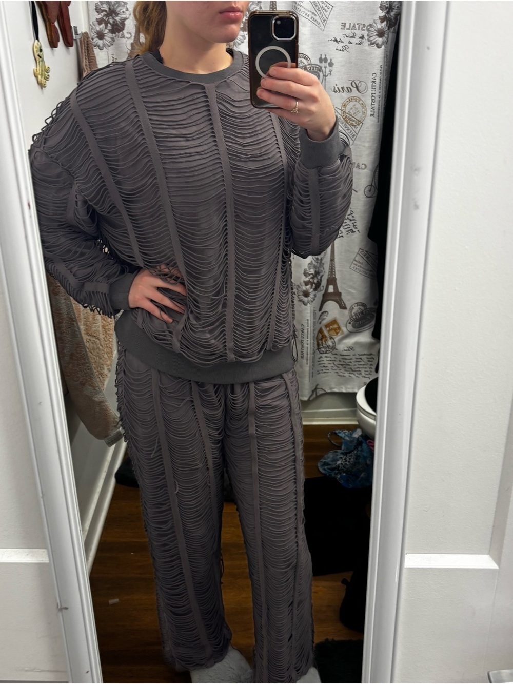 AKIRA Ribbed-Texture sweat set in Charcoal